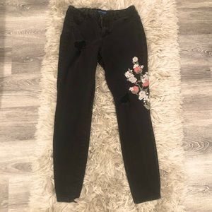 Black embroidered floral pants